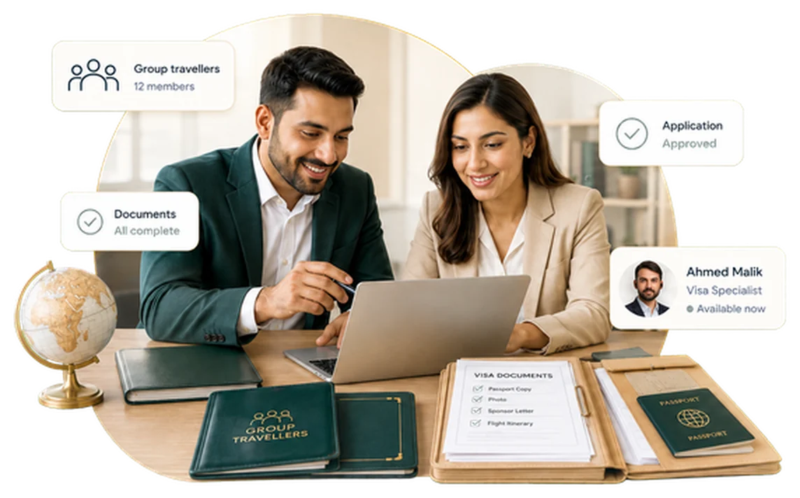 Two visa agency specialists reviewing group traveller documents on a laptop