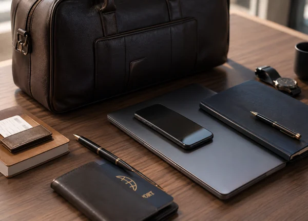 Leather travel bag and business essentials laid out on a desk