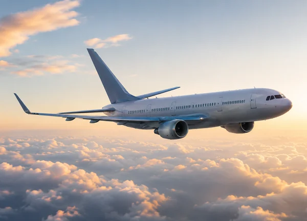 Passenger jet flying above sunset clouds