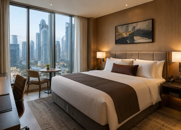 Hotel room with a city-view window, ready for a business traveller