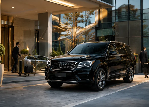 Black executive car waiting at a hotel entrance for a transfer