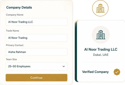 Company details form next to a verified company card