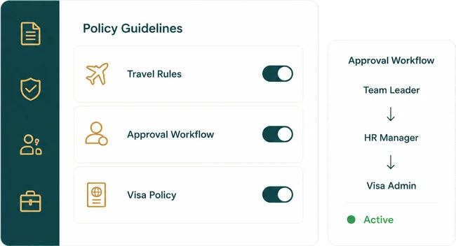 Policy guidelines panel with travel rules and an approval workflow
