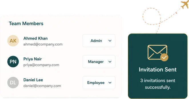 Team members list with roles beside an invitation-sent confirmation