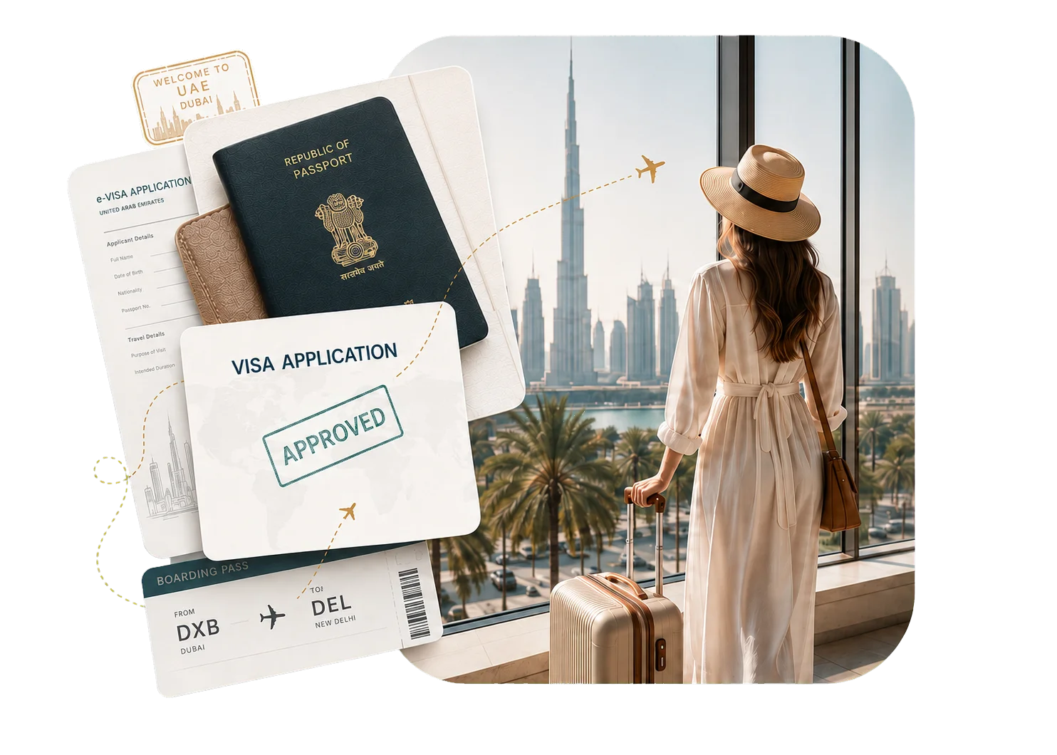 Passport, boarding pass and an approved Dubai visa application in front of the Dubai skyline