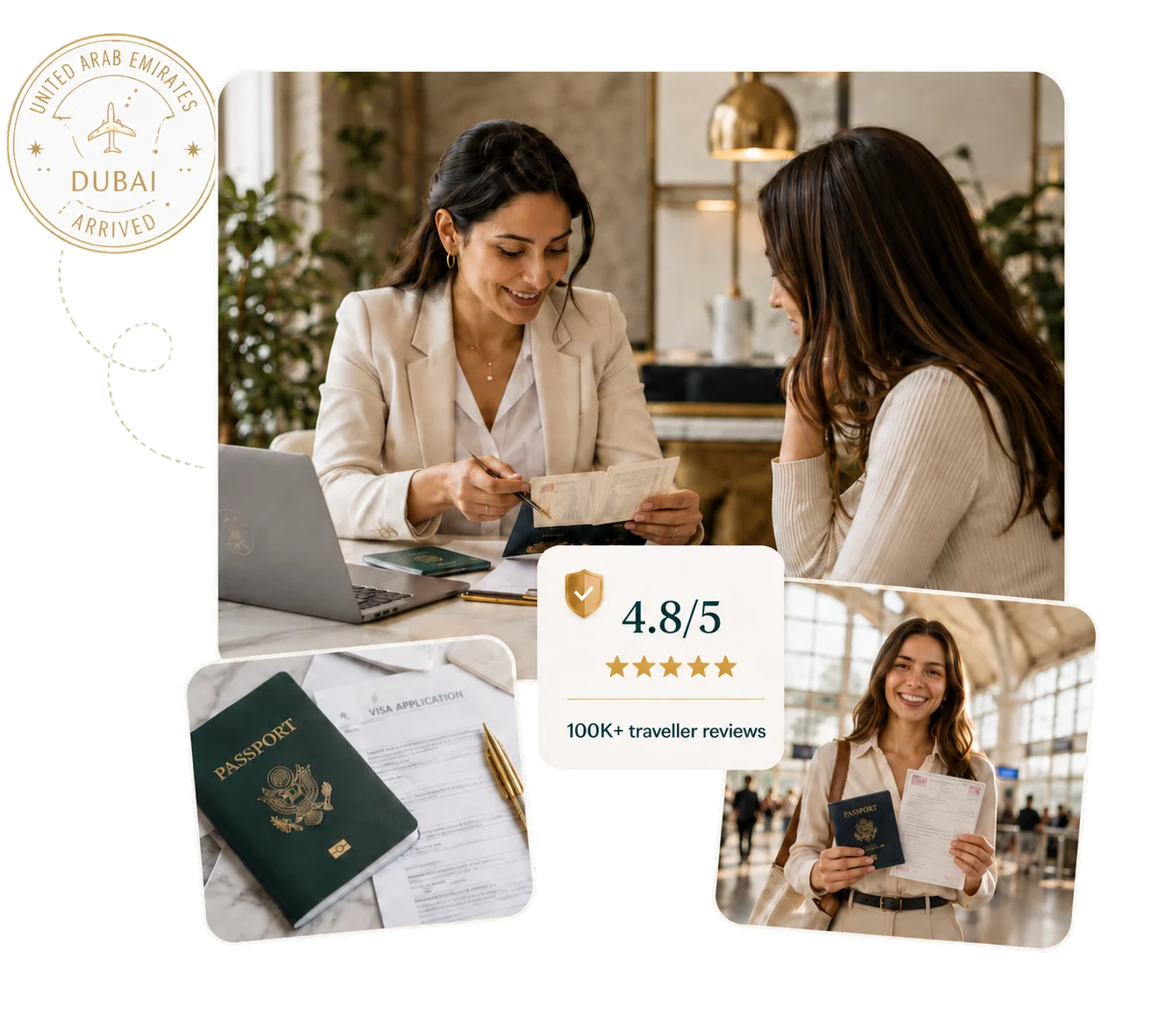 A TVO Travel visa specialist assisting a traveler, with a 4.8/5 rating from 100K+ travellers
